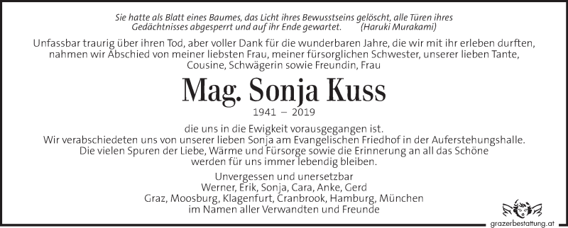  Traueranzeige für Sonja Kuss vom 03.07.2019 aus Kleine Zeitung