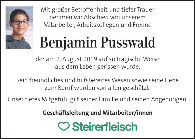  Traueranzeige für Benjamin Pusswald vom 07.08.2019 aus Kleine Zeitung