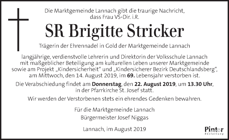  Traueranzeige für Brigitte Stricker vom 18.08.2019 aus Kleine Zeitung