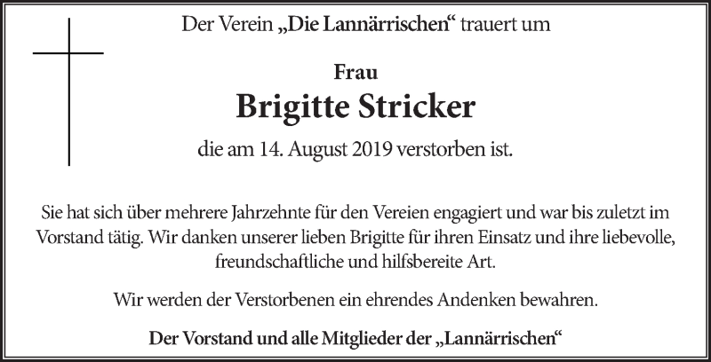  Traueranzeige für Brigitte Stricker vom 17.08.2019 aus Kleine Zeitung