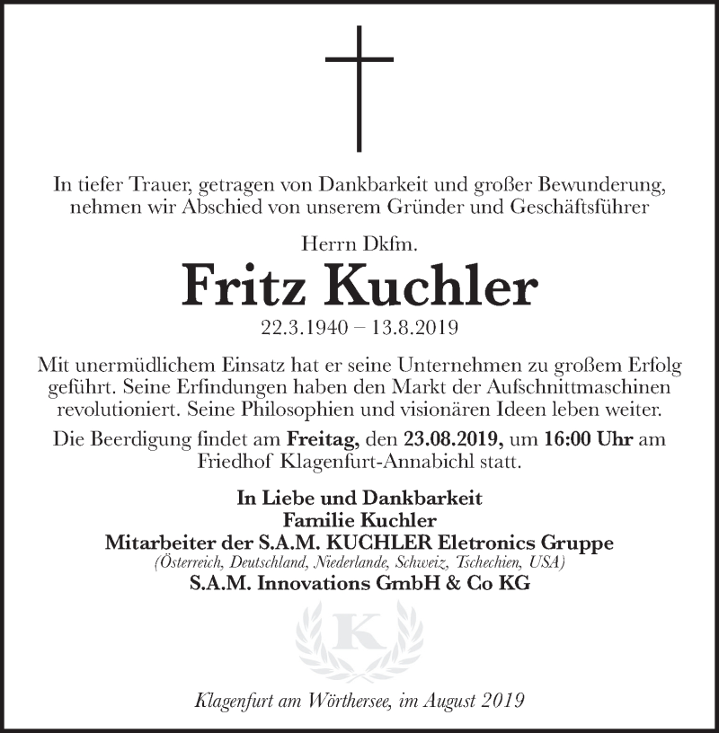  Traueranzeige für Fritz Kuchler vom 21.08.2019 aus Kleine Zeitung