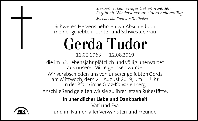  Traueranzeige für Gerda Tudor vom 18.08.2019 aus Kleine Zeitung