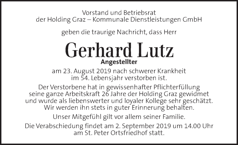  Traueranzeige für Gerhard Lutz vom 30.08.2019 aus Kleine Zeitung