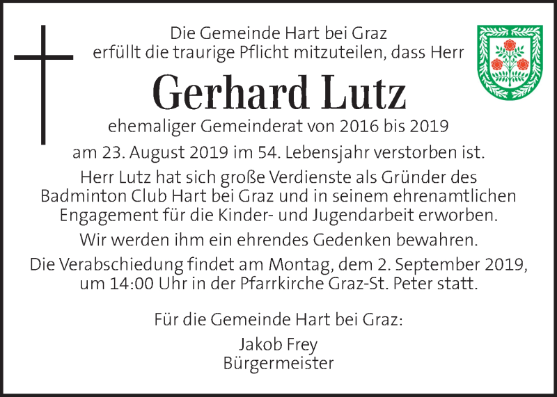  Traueranzeige für Gerhard Lutz vom 01.09.2019 aus Kleine Zeitung