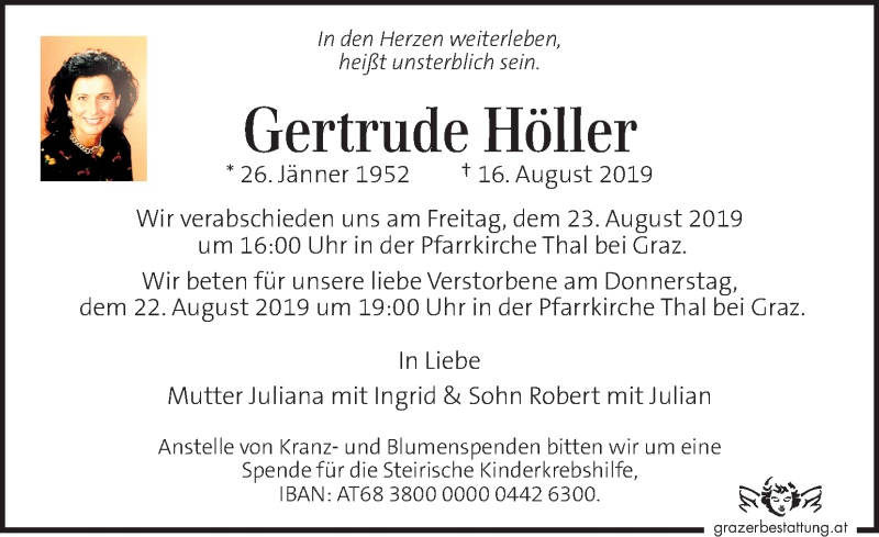 Traueranzeige für Gertrude Höller vom 21.08.2019 aus Kleine Zeitung