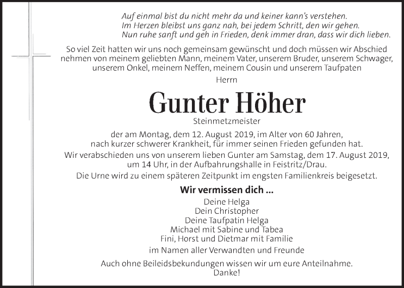  Traueranzeige für Gunter Höher vom 15.08.2019 aus Kleine Zeitung