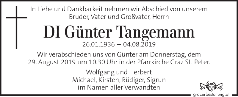  Traueranzeige für Günter Tangemann vom 23.08.2019 aus Kleine Zeitung