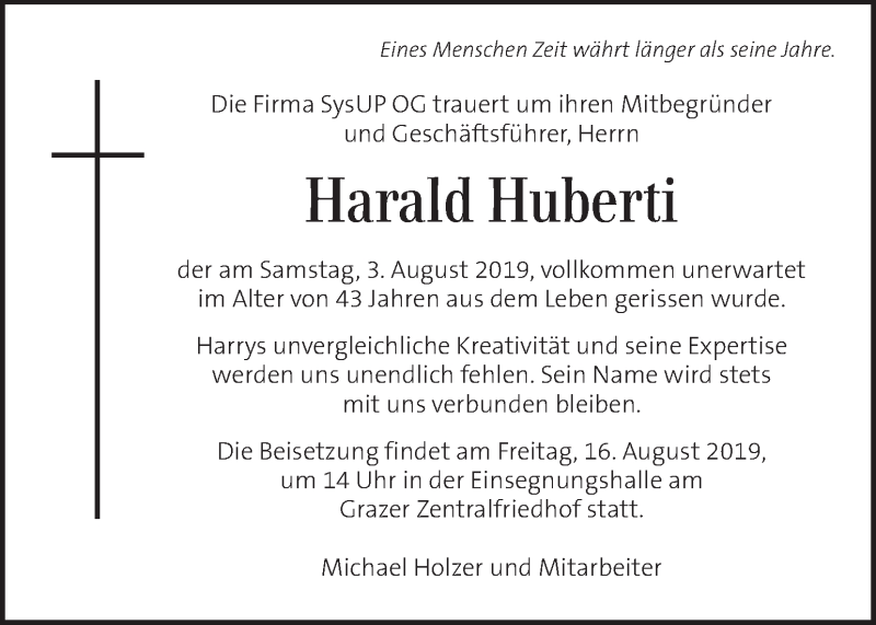  Traueranzeige für Harald Huberti vom 11.08.2019 aus Kleine Zeitung
