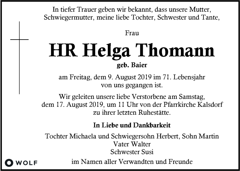  Traueranzeige für Helga Thomann vom 15.08.2019 aus Kleine Zeitung