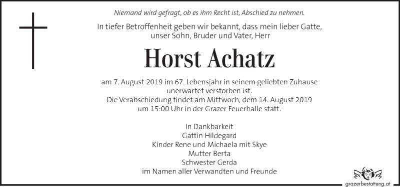  Traueranzeige für Horst Achatz vom 10.08.2019 aus Kleine Zeitung