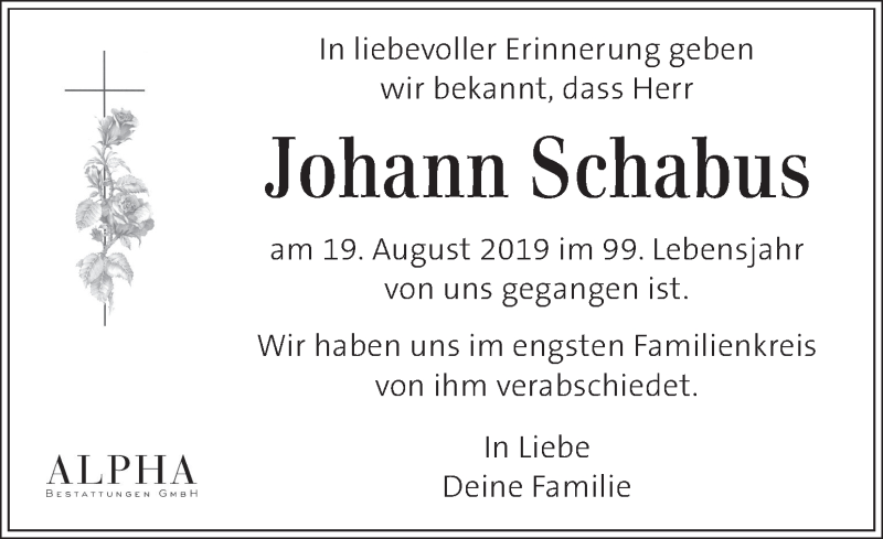  Traueranzeige für Johann Schabus vom 29.08.2019 aus Kleine Zeitung