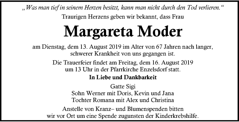  Traueranzeige für Margareta Moder vom 15.08.2019 aus Kleine Zeitung