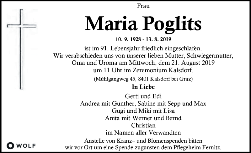  Traueranzeige für Maria Poglits vom 18.08.2019 aus Kleine Zeitung