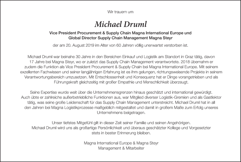  Traueranzeige für Michael Druml vom 23.08.2019 aus Kleine Zeitung
