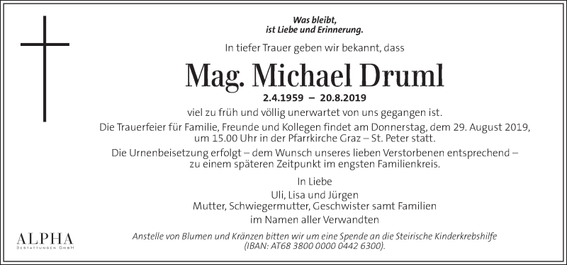  Traueranzeige für Michael Druml vom 28.08.2019 aus Kleine Zeitung
