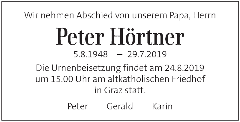  Traueranzeige für Peter Hörtner vom 21.08.2019 aus Kleine Zeitung