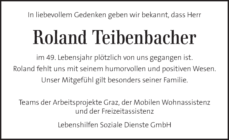  Traueranzeige für Roland Teibenbacher vom 15.08.2019 aus Kleine Zeitung