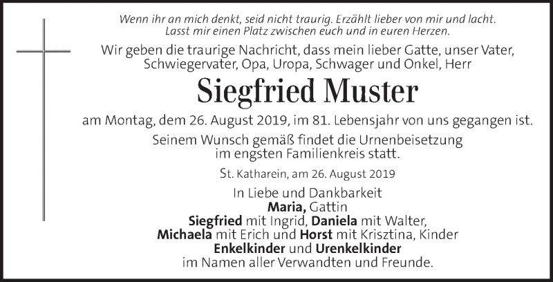 Traueranzeigen Von Siegfried Muster Trauer Kleinezeitung At