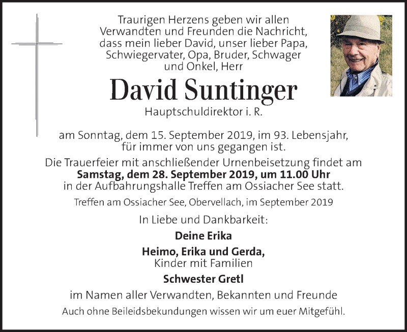  Traueranzeige für David Suntinger vom 25.09.2019 aus Kleine Zeitung