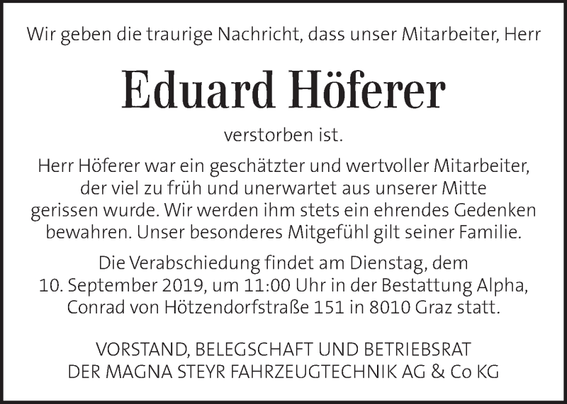  Traueranzeige für Eduard Höferer vom 08.09.2019 aus Kleine Zeitung