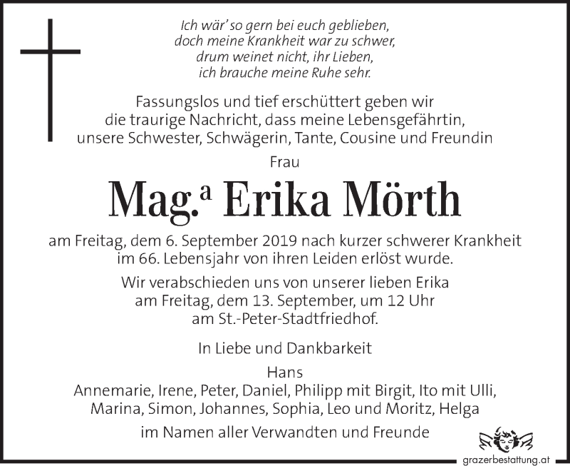  Traueranzeige für Erika Mörth vom 08.09.2019 aus Kleine Zeitung