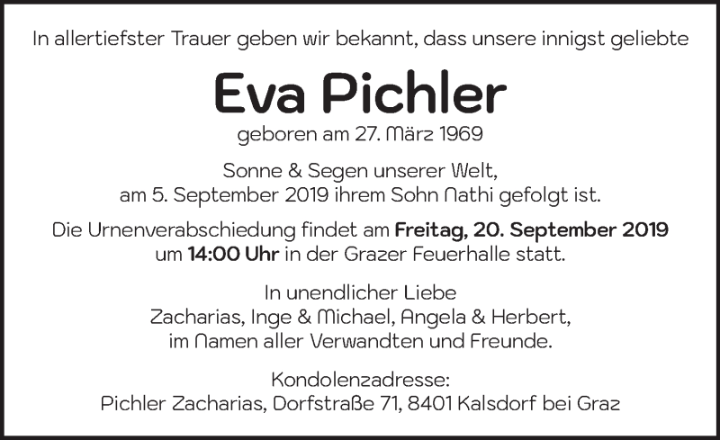  Traueranzeige für Eva Pichler vom 15.09.2019 aus Kleine Zeitung