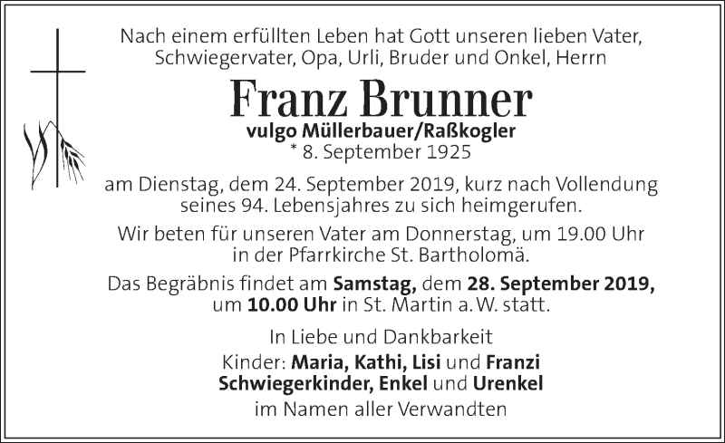  Traueranzeige für Franz Brunner vom 26.09.2019 aus Kleine Zeitung