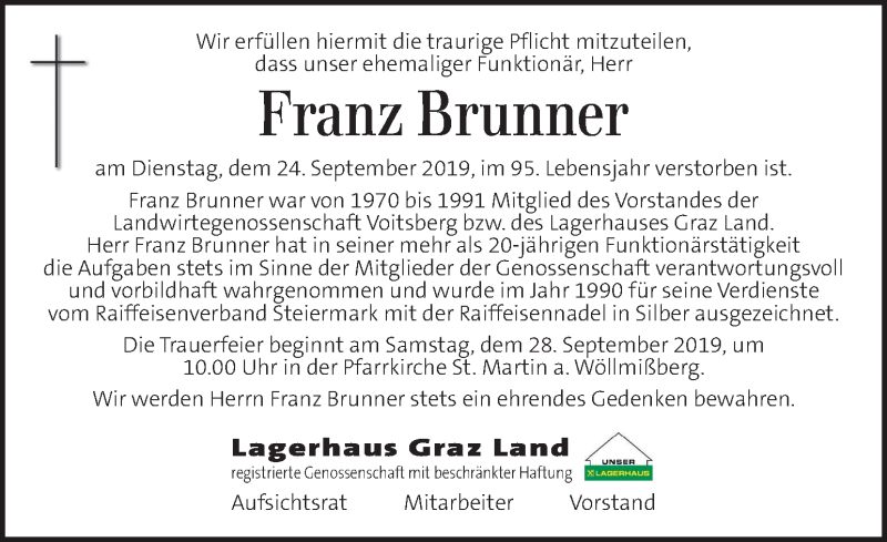  Traueranzeige für Franz Brunner vom 27.09.2019 aus Kleine Zeitung