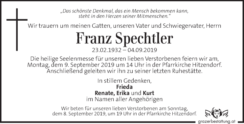  Traueranzeige für Franz Spechtler vom 07.09.2019 aus Kleine Zeitung