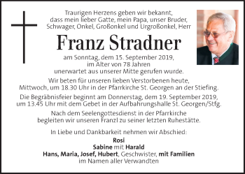 Traueranzeige von Franz Stradner von Kleine Zeitung