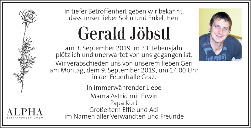  Traueranzeige für Gerald Jöbstl vom 08.09.2019 aus Kleine Zeitung
