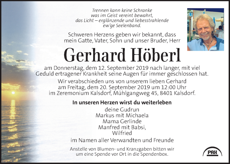  Traueranzeige für Gerhard Höberl vom 18.09.2019 aus Kleine Zeitung