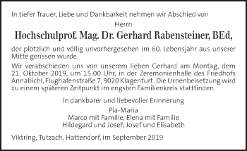Traueranzeige von Gerhard Rabensteiner von Kleine Zeitung