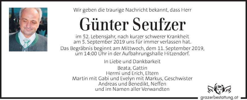  Traueranzeige für Günter Seufzer vom 10.09.2019 aus Kleine Zeitung
