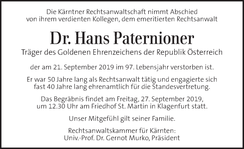  Traueranzeige für Hans Paternioner vom 26.09.2019 aus Kleine Zeitung