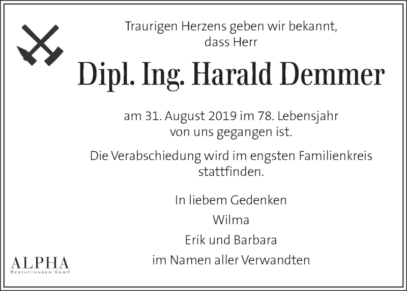  Traueranzeige für Harald Demmer vom 07.09.2019 aus Kleine Zeitung