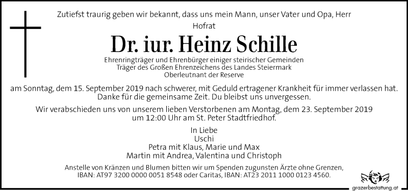  Traueranzeige für Heinz Schille vom 18.09.2019 aus Kleine Zeitung