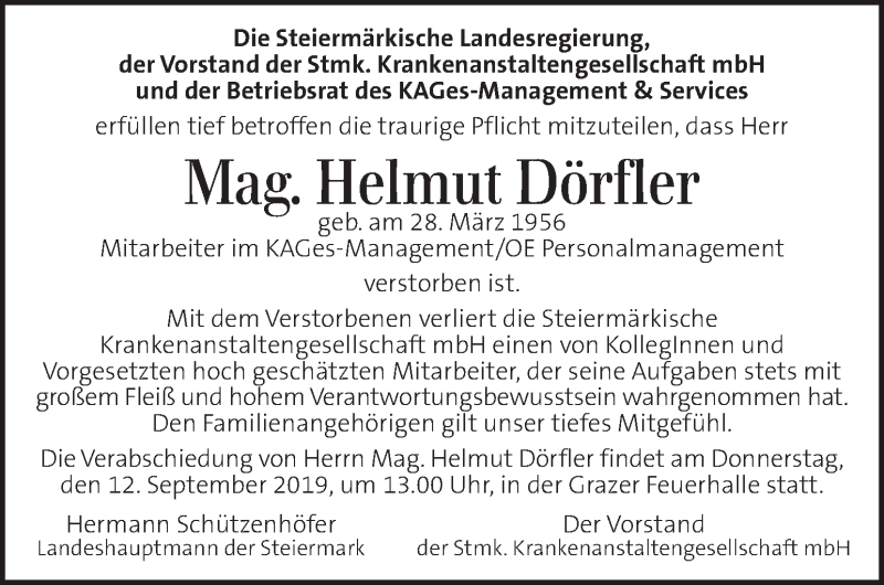 Traueranzeige für Helmut Dörfler vom 11.09.2019 aus Kleine Zeitung