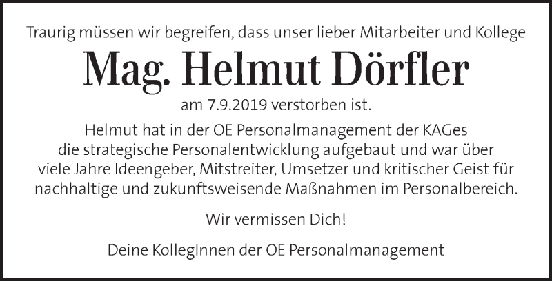  Traueranzeige für Helmut Dörfler vom 12.09.2019 aus Kleine Zeitung
