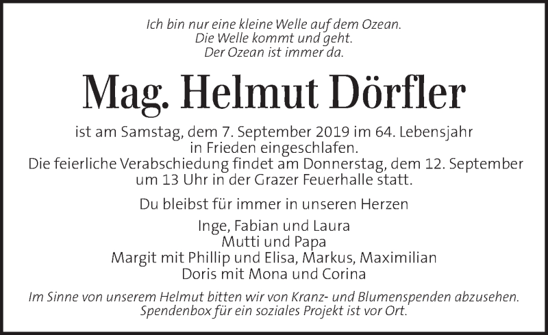  Traueranzeige für Helmut Dörfler vom 10.09.2019 aus Kleine Zeitung