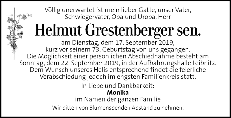  Traueranzeige für Helmut Grestenberger  vom 20.09.2019 aus Kleine Zeitung