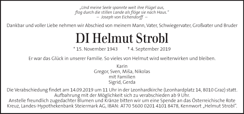  Traueranzeige für Helmut Strobl vom 07.09.2019 aus Kleine Zeitung