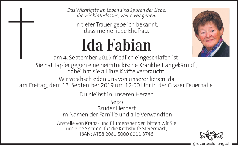  Traueranzeige für Ida Fabian vom 08.09.2019 aus Kleine Zeitung