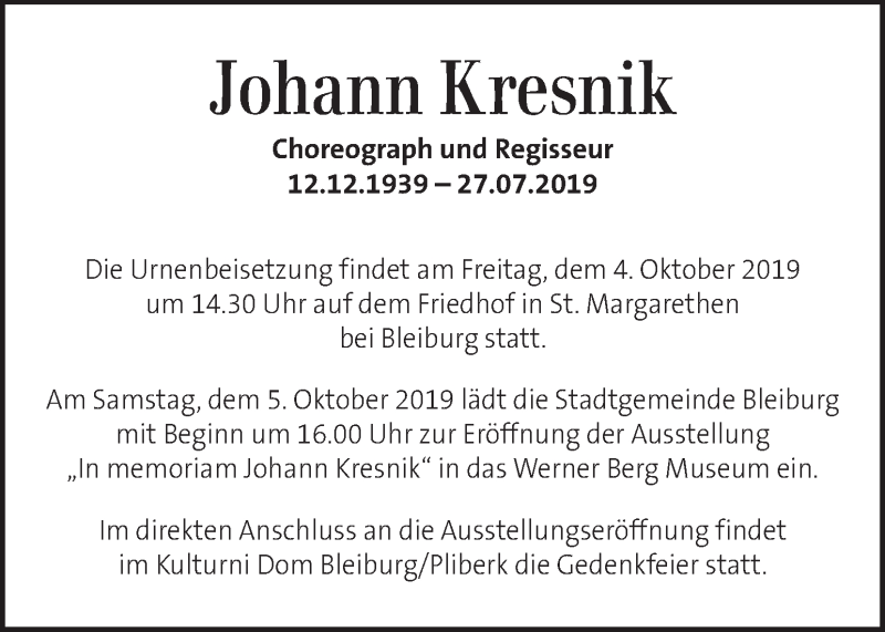  Traueranzeige für Johann Kresnik vom 01.10.2019 aus Kleine Zeitung