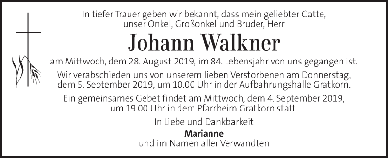 Traueranzeige für Johann Walkner vom 03.09.2019 aus Kleine Zeitung