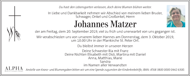  Traueranzeige für Johannes Matzer vom 29.09.2019 aus Kleine Zeitung
