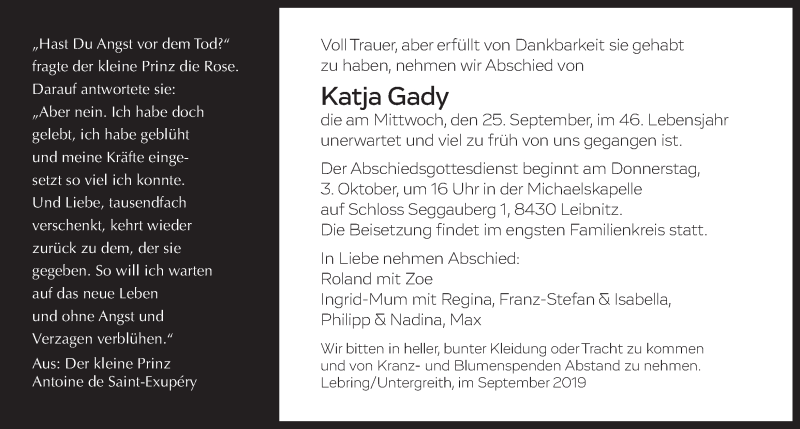  Traueranzeige für Katja Gady vom 01.10.2019 aus Kleine Zeitung