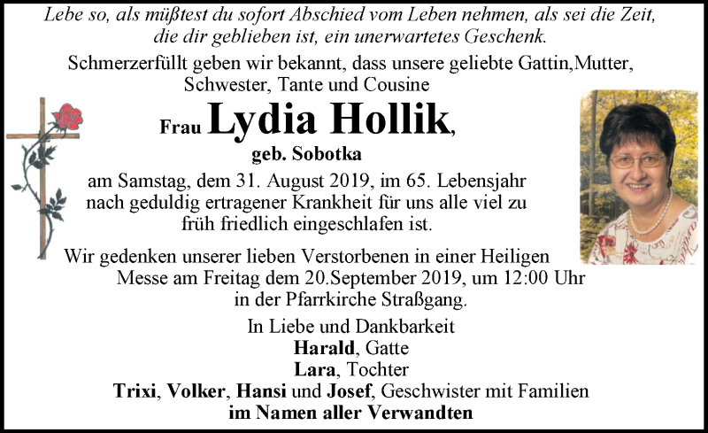  Traueranzeige für Lydia Hollik vom 07.09.2019 aus Kleine Zeitung