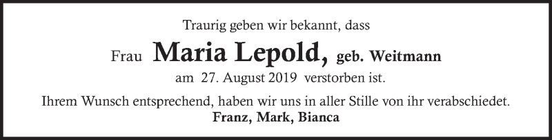  Traueranzeige für Maria Lepold vom 15.09.2019 aus Kleine Zeitung