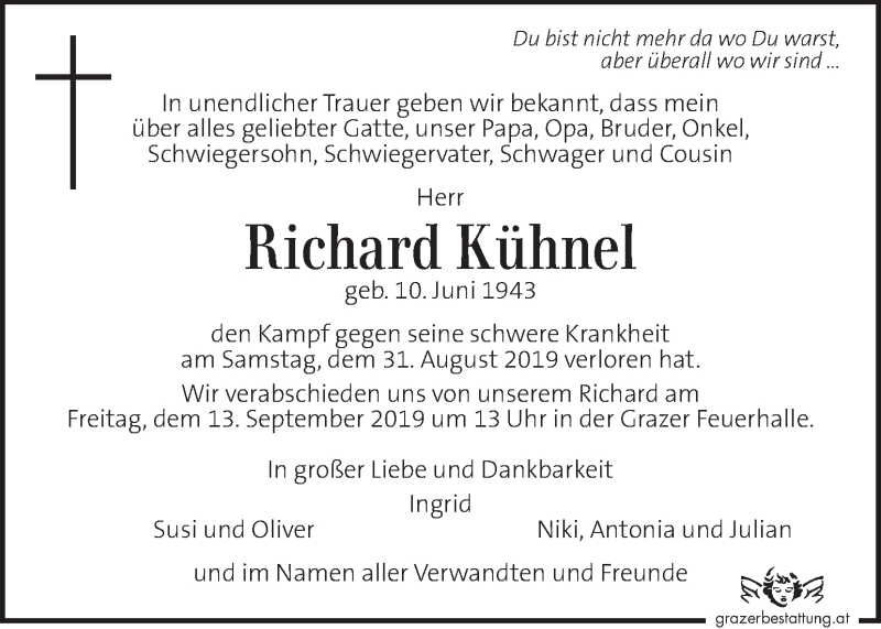  Traueranzeige für Richard Kühnel vom 08.09.2019 aus Kleine Zeitung